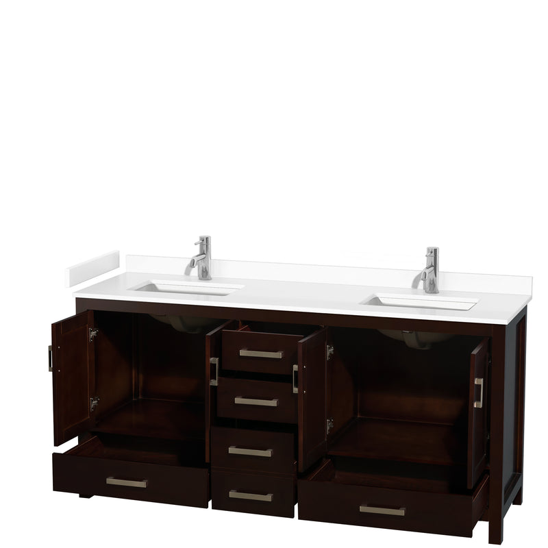 Wyndham Sheffield 72" Double Bathroom Vanity In Espresso with White Cultured Marble Countertop Undermount Square Sinks and No Mirror WCS141472DESWCUNSMXX