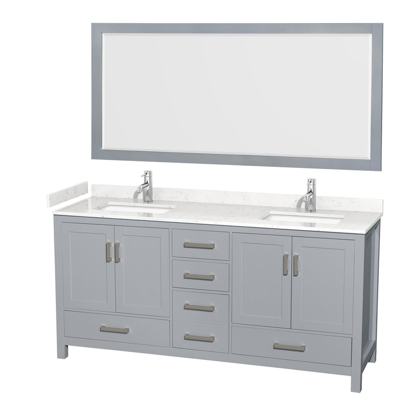 Wyndham Sheffield 72" Double Bathroom Vanity In Gray With Carrara Cultured Marble Countertop Undermount Square Sinks And 70" Mirror WCS141472DGYC2UNSM70