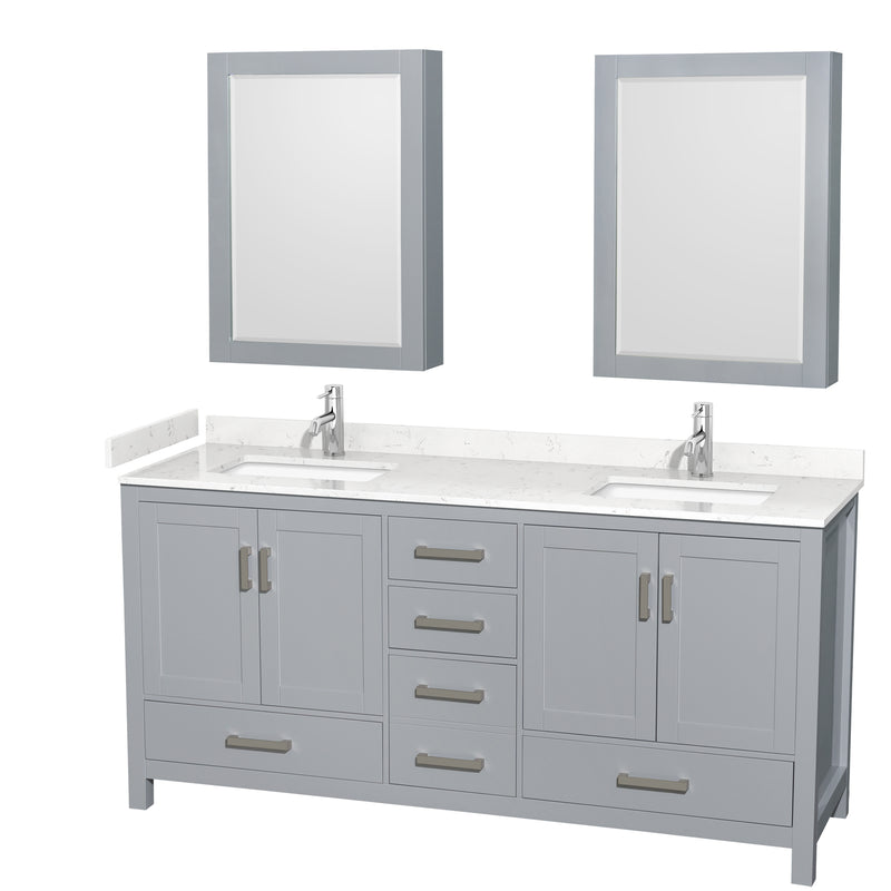 Wyndham Sheffield 72" Double Bathroom Vanity In Gray With Carrara Cultured Marble Countertop Undermount Square Sinks And Medicine Cabinets WCS141472DGYC2UNSMED