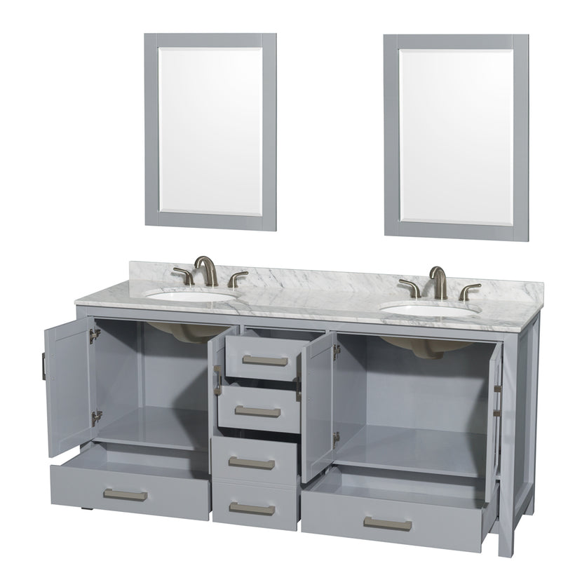 Wyndham Sheffield 72" Double Bathroom Vanity In Gray with White Carrara Marble Countertop Undermount Oval Sinks and 24" Mirrors WCS141472DGYCMUNOM24