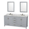 Wyndham Sheffield 72" Double Bathroom Vanity In Gray With White Carrara Marble Countertop Undermount Oval Sinks And 24" Mirrors WCS141472DGYCMUNOM24