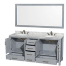 Wyndham Sheffield 72" Double Bathroom Vanity In Gray with White Carrara Marble Countertop Undermount Oval Sinks and 70" Mirror WCS141472DGYCMUNOM70