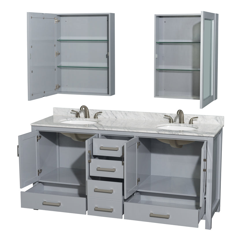 Wyndham Sheffield 72" Double Bathroom Vanity In Gray with White Carrara Marble Countertop Undermount Oval Sinks and Medicine Cabinets WCS141472DGYCMUNOMED