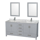 Wyndham Sheffield 72" Double Bathroom Vanity In Gray With White Carrara Marble Countertop Undermount Square Sinks And 24" Mirrors WCS141472DGYCMUNSM24