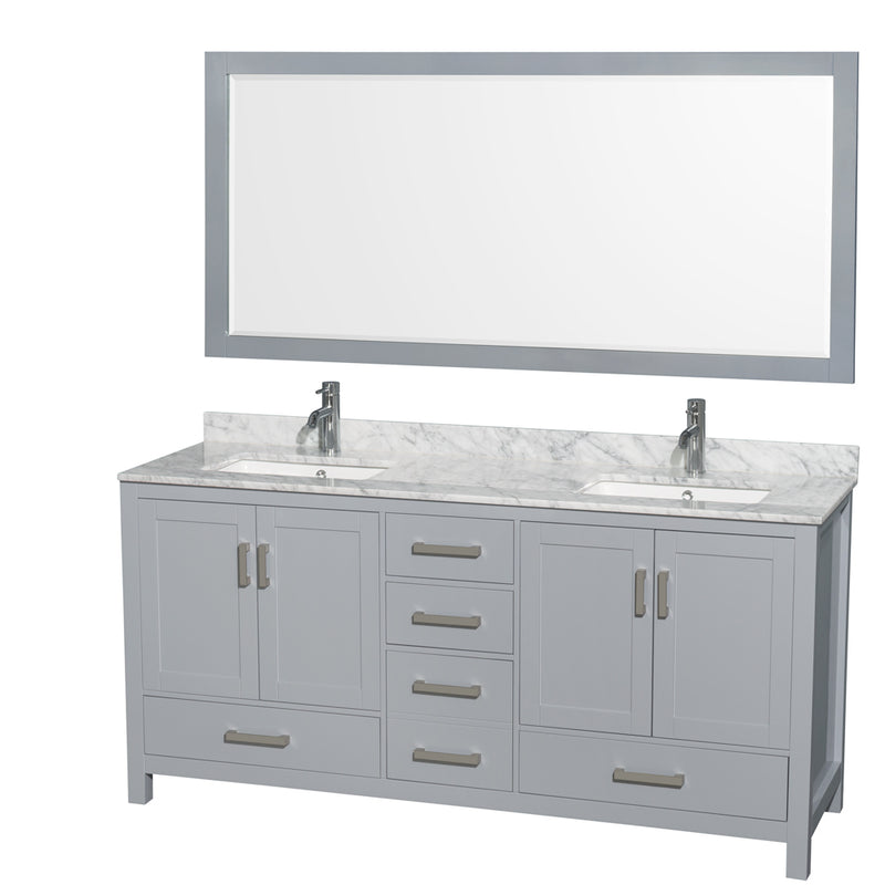 Wyndham Sheffield 72" Double Bathroom Vanity In Gray With White Carrara Marble Countertop Undermount Square Sinks And 70" Mirror WCS141472DGYCMUNSM70