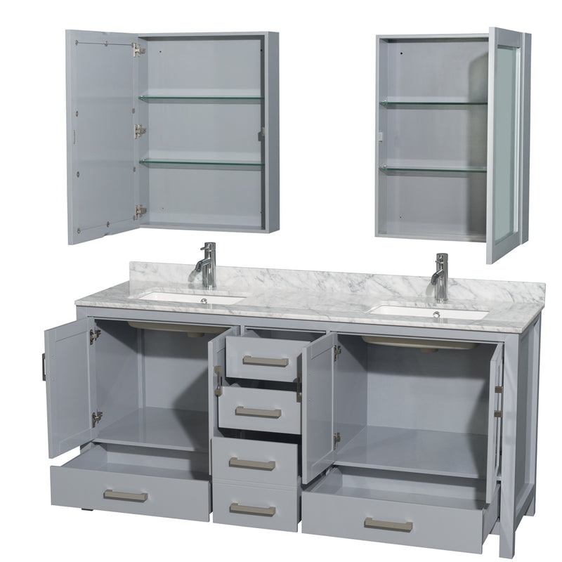 Wyndham Sheffield 72" Double Bathroom Vanity In Gray with White Carrara Marble Countertop Undermount Square Sinks and Medicine Cabinets WCS141472DGYCMUNSMED