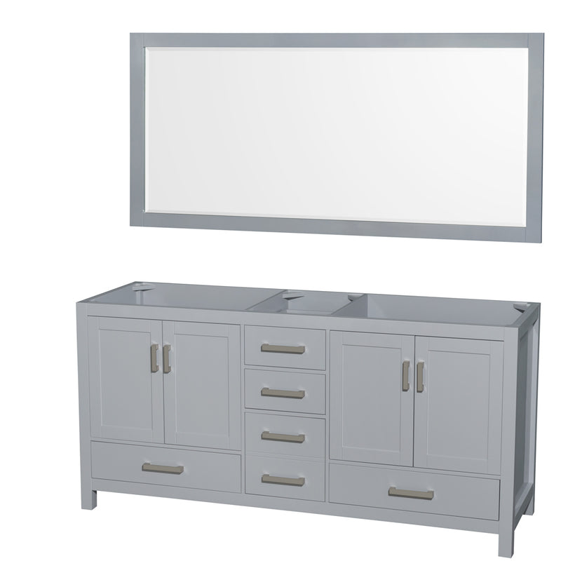 Wyndham Sheffield 72" Double Bathroom Vanity In Gray With No Countertop No Sink And 70" Mirror WCS141472DGYCXSXXM70