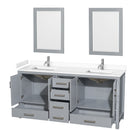 Wyndham Sheffield 72" Double Bathroom Vanity In Gray with White Cultured Marble Countertop Undermount Square Sinks and 24" Mirrors WCS141472DGYWCUNSM24