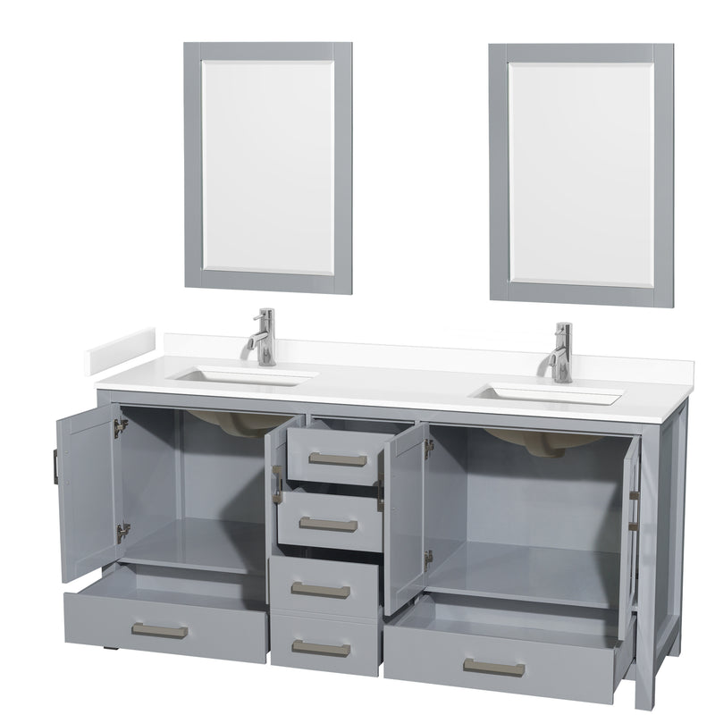 Wyndham Sheffield 72" Double Bathroom Vanity In Gray with White Cultured Marble Countertop Undermount Square Sinks and 24" Mirrors WCS141472DGYWCUNSM24