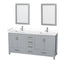 Wyndham Sheffield 72" Double Bathroom Vanity In Gray With White Cultured Marble Countertop Undermount Square Sinks And 24" Mirrors WCS141472DGYWCUNSM24