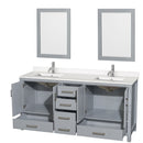 Wyndham AAA Sheffield 72" Double Bathroom Vanity In Gray with White Quartz Countertop Undermount Square Sinks and 24" Mirrors WCS141472DGYWQUNSM24