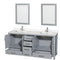 Wyndham AAA Sheffield 72" Double Bathroom Vanity In Gray with White Quartz Countertop Undermount Square Sinks and 24" Mirrors WCS141472DGYWQUNSM24