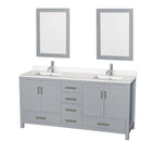 Wyndham AAA Sheffield 72" Double Bathroom Vanity In Gray With White Quartz Countertop Undermount Square Sinks And 24" Mirrors WCS141472DGYWQUNSM24