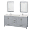 Wyndham AAA Sheffield 72" Double Bathroom Vanity In Gray With White Quartz Countertop Undermount Square Sinks And 24" Mirrors WCS141472DGYWQUNSM24