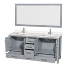 Wyndham AAA Sheffield 72" Double Bathroom Vanity In Gray with White Quartz Countertop Undermount Square Sinks and 70" Mirror WCS141472DGYWQUNSM70