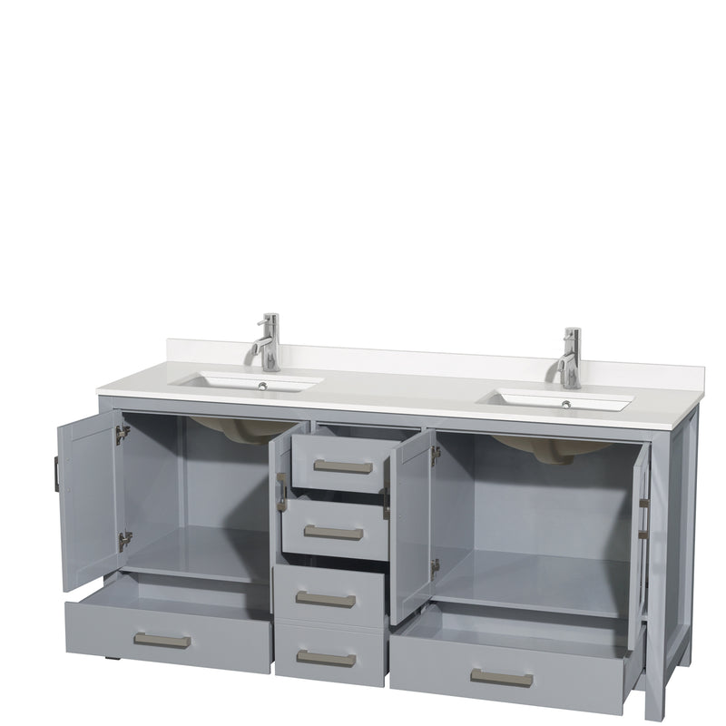 Wyndham AAA Sheffield 72" Double Bathroom Vanity In Gray with White Quartz Countertop Undermount Square Sinks and No Mirror WCS141472DGYWQUNSMXX