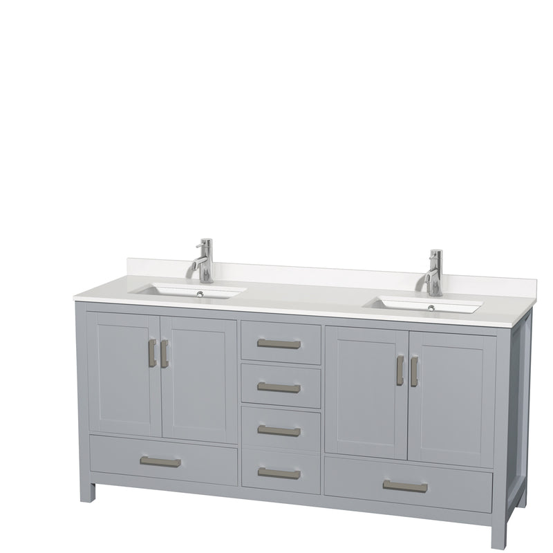 Wyndham AAA Sheffield 72" Double Bathroom Vanity In Gray With White Quartz Countertop Undermount Square Sinks And No Mirror WCS141472DGYWQUNSMXX