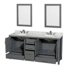 Wyndham Sheffield 72" Double Bathroom Vanity In Dark Gray with White Carrara Marble Countertop Undermount Oval Sinks and 24" Mirrors WCS141472DKGCMUNOM24