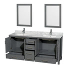 Wyndham Sheffield 72" Double Bathroom Vanity In Dark Gray with White Carrara Marble Countertop Undermount Square Sinks and 24" Mirrors WCS141472DKGCMUNSM24