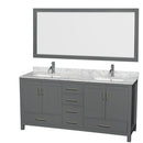 Wyndham Sheffield 72" Double Bathroom Vanity In Dark Gray With White Carrara Marble Countertop Undermount Square Sinks And 70" Mirror WCS141472DKGCMUNSM70