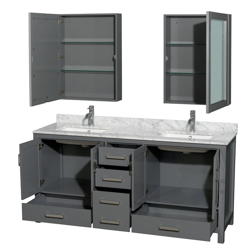 Wyndham Sheffield 72" Double Bathroom Vanity In Dark Gray with White Carrara Marble Countertop Undermount Square Sinks and Medicine Cabinets WCS141472DKGCMUNSMED