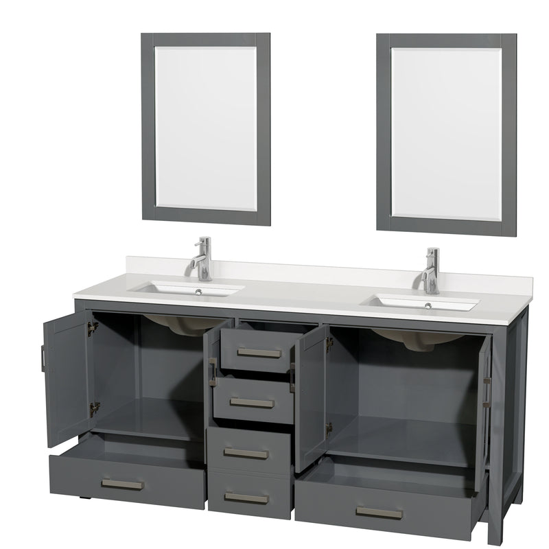 Wyndham AAA Sheffield 72" Double Bathroom Vanity In Dark Gray with White Quartz Countertop Undermount Square Sinks and 24" Mirrors WCS141472DKGWQUNSM24