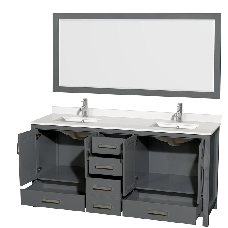 Wyndham AAA Sheffield 72" Double Bathroom Vanity In Dark Gray with White Quartz Countertop Undermount Square Sinks and 70" Mirror WCS141472DKGWQUNSM70