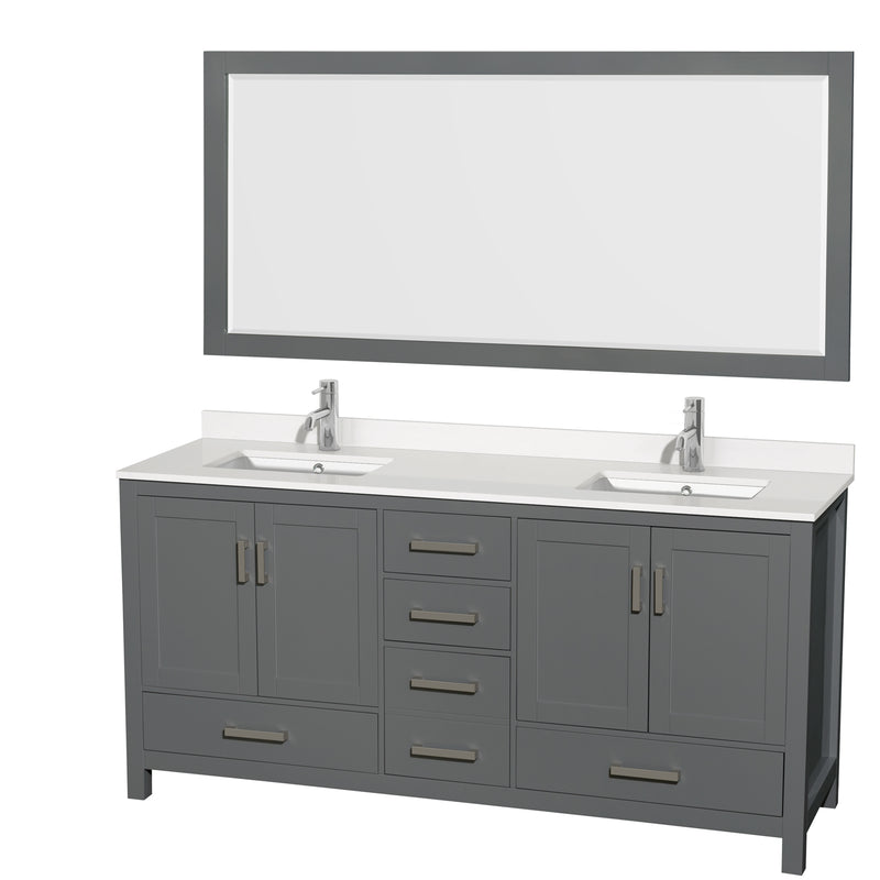 Wyndham AAA Sheffield 72" Double Bathroom Vanity In Dark Gray With White Quartz Countertop Undermount Square Sinks And 70" Mirror WCS141472DKGWQUNSM70