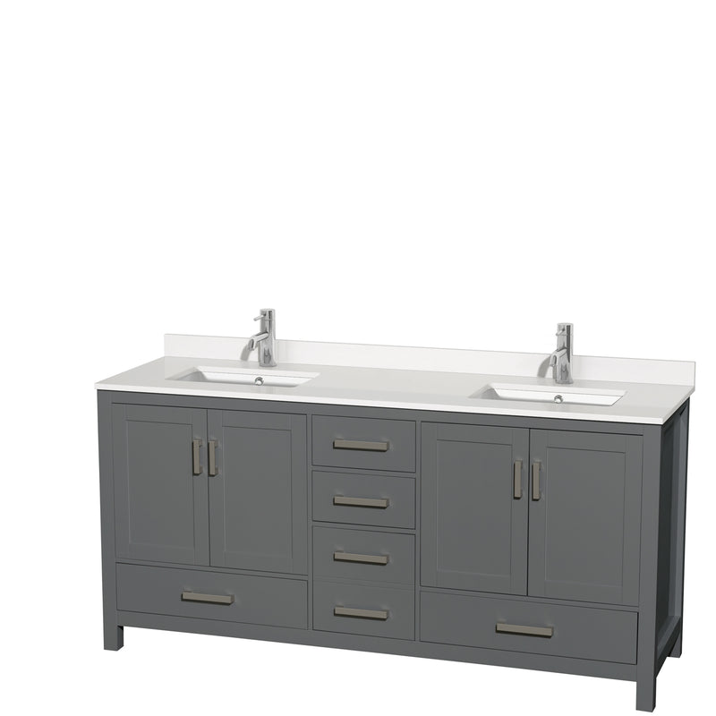 Wyndham AAA Sheffield 72" Double Bathroom Vanity In Dark Gray With White Quartz Countertop Undermount Square Sinks And No Mirror WCS141472DKGWQUNSMXX