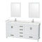 Wyndham Sheffield 72" Double Bathroom Vanity In White With Carrara Cultured Marble Countertop Undermount Square Sinks And 24" Mirrors WCS141472DWHC2UNSM24