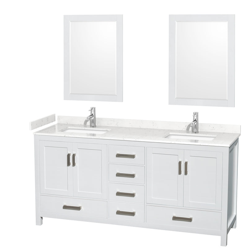 Wyndham Sheffield 72" Double Bathroom Vanity In White With Carrara Cultured Marble Countertop Undermount Square Sinks And 24" Mirrors WCS141472DWHC2UNSM24