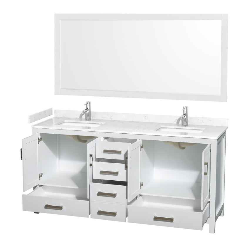 Wyndham Sheffield 72" Double Bathroom Vanity In White with Carrara Cultured Marble Countertop Undermount Square Sinks and 70" Mirror WCS141472DWHC2UNSM70