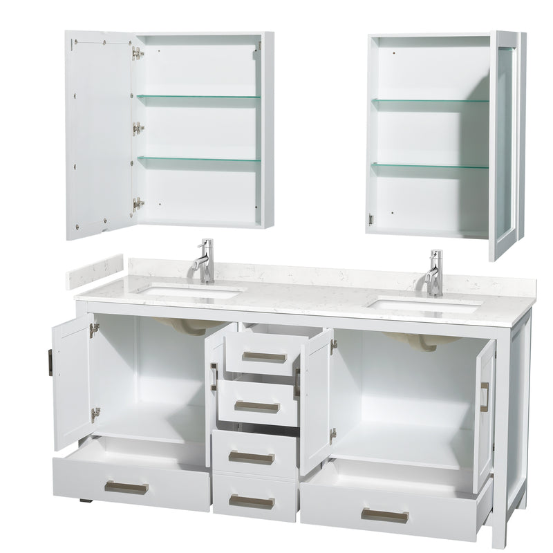 Wyndham Sheffield 72" Double Bathroom Vanity In White with Carrara Cultured Marble Countertop Undermount Square Sinks and Medicine Cabinets WCS141472DWHC2UNSMED