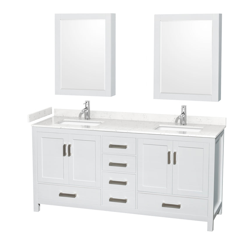 Wyndham Sheffield 72" Double Bathroom Vanity In White With Carrara Cultured Marble Countertop Undermount Square Sinks And Medicine Cabinets WCS141472DWHC2UNSMED