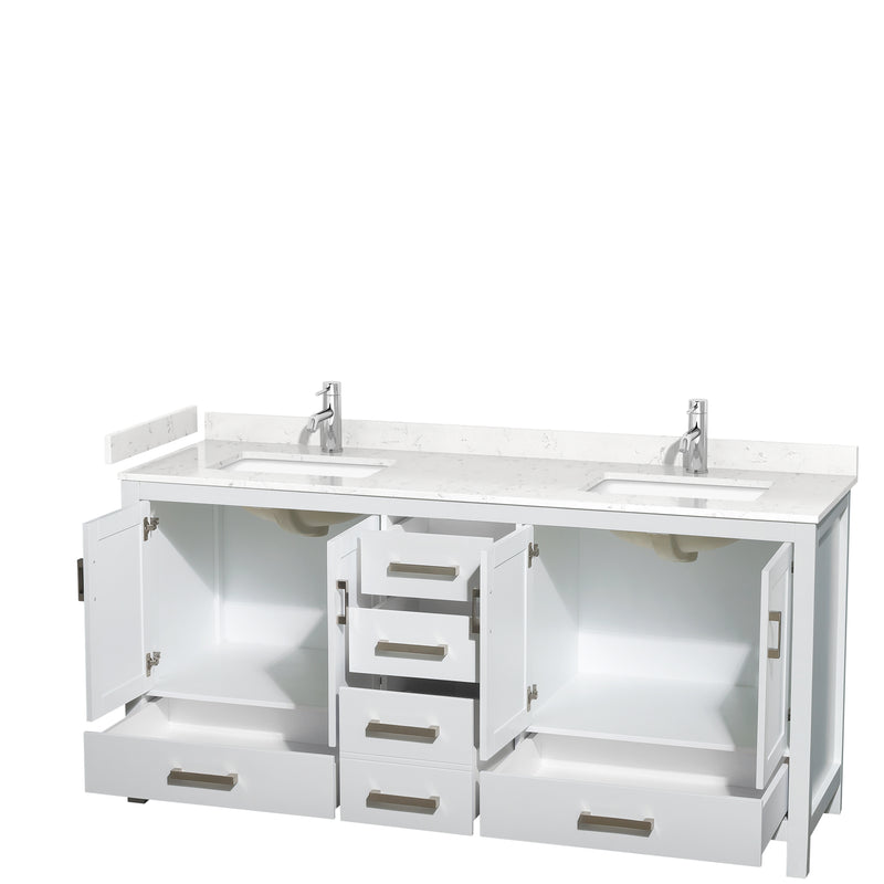 Wyndham Sheffield 72" Double Bathroom Vanity In White with Carrara Cultured Marble Countertop Undermount Square Sinks and No Mirror WCS141472DWHC2UNSMXX