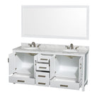 Wyndham Sheffield 72" Double Bathroom Vanity In White White Carrara Marble Countertop Undermount Oval Sinks and 70" Mirror WCS141472DWHCMUNOM70