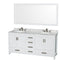 Wyndham Sheffield 72" Double Bathroom Vanity In White White Carrara Marble Countertop Undermount Oval Sinks And 70" Mirror WCS141472DWHCMUNOM70