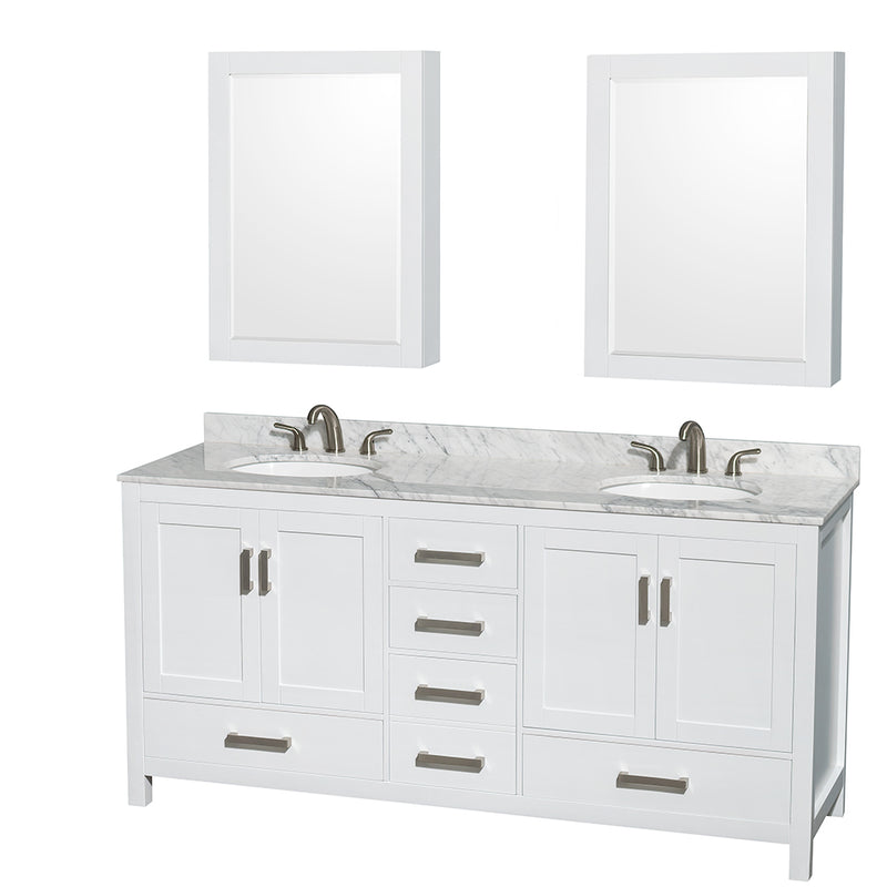 Wyndham Sheffield 72" Double Bathroom Vanity In White White Carrara Marble Countertop Undermount Oval Sinks And Medicine Cabinets WCS141472DWHCMUNOMED