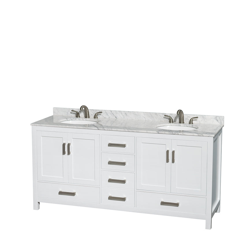 Wyndham Sheffield 72" Double Bathroom Vanity In White White Carrara Marble Countertop Undermount Oval Sinks And No Mirror WCS141472DWHCMUNOMXX