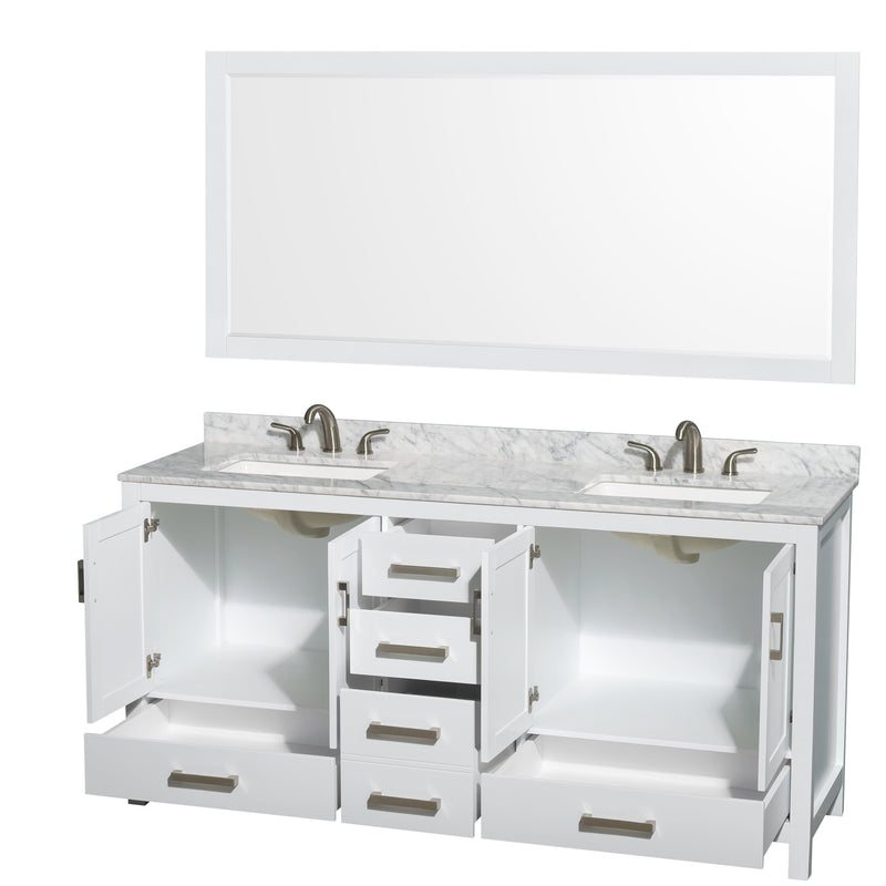 Wyndham Sheffield 72" Double Bathroom Vanity In White White Carrara Marble Countertop Undermount Square Sinks 3-Hole and 70" Mirror WCS141472DWHCMUS3M70