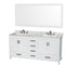 Wyndham Sheffield 72" Double Bathroom Vanity In White White Carrara Marble Countertop Undermount Square Sinks (3-Hole) And 70" Mirror WCS141472DWHCMUS3M70