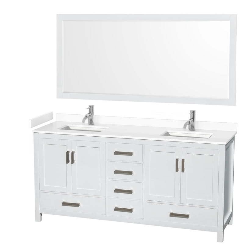 Wyndham Sheffield 72" Double Bathroom Vanity In White With White Cultured Marble Countertop Undermount Square Sinks And 70" Mirror WCS141472DWHWCUNSM70