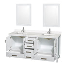 Wyndham AAA Sheffield 72" Double Bathroom Vanity In White with White Quartz Countertop Undermount Square Sinks and 24" Mirrors WCS141472DWHWQUNSM24