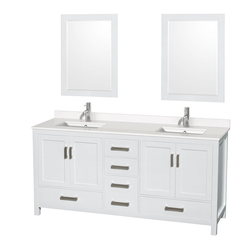 Wyndham AAA Sheffield 72" Double Bathroom Vanity In White With White Quartz Countertop Undermount Square Sinks And 24" Mirrors WCS141472DWHWQUNSM24