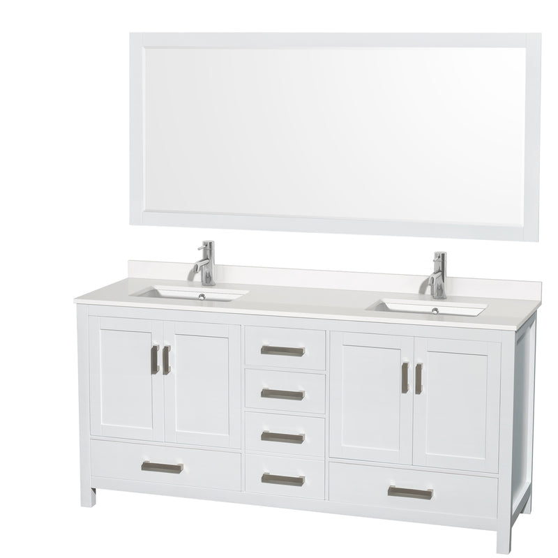 Wyndham AAA Sheffield 72" Double Bathroom Vanity In White With White Quartz Countertop Undermount Square Sinks And 70" Mirror WCS141472DWHWQUNSM70