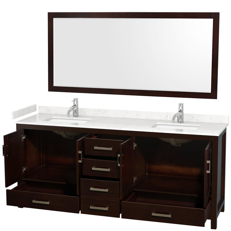 Wyndham Sheffield 80" Double Bathroom Vanity In Espresso with Carrara Cultured Marble Countertop Undermount Square Sinks and 70" Mirror WCS141480DESC2UNSM70