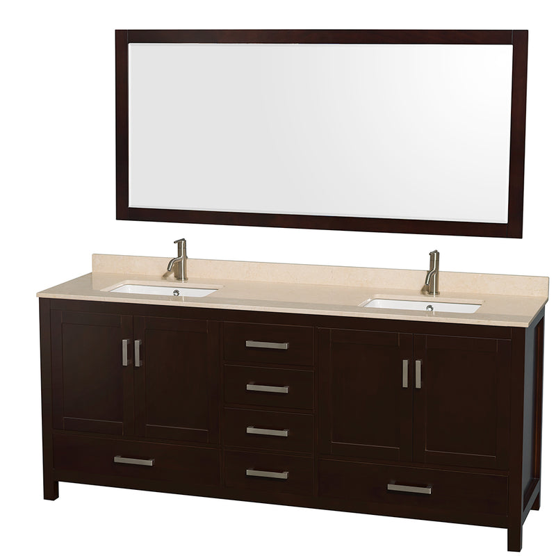 Wyndham AAA Sheffield 80" Double Bathroom Vanity In Espresso Ivory Marble Countertop Undermount Square Sinks And 70" Mirror WCS141480DESIVUNSM70