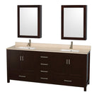 Wyndham AAA Sheffield 80" Double Bathroom Vanity In Espresso Ivory Marble Countertop Undermount Square Sinks And Medicine Cabinets WCS141480DESIVUNSMED