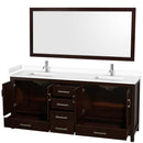 Wyndham Sheffield 80" Double Bathroom Vanity In Espresso with White Cultured Marble Countertop Undermount Square Sinks and 70" Mirror WCS141480DESWCUNSM70