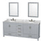 Wyndham Sheffield 80" Double Bathroom Vanity In Gray With White Carrara Marble Countertop Undermount Oval Sinks And 24" Mirrors WCS141480DGYCMUNOM24